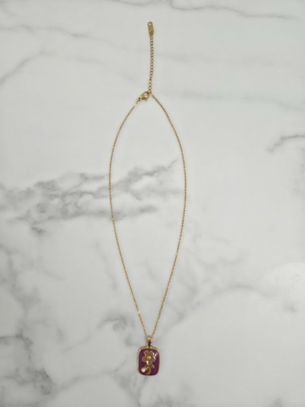Gold Purple Enamel Flower Pendant Necklace Dainty Pearl Accent Jewelry - Picture 12 of 13